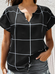 Plaid Print Batwing Sleeve Notched Neck Shirt Top