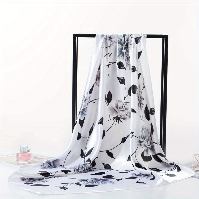 Rose Print Bandana Satin Shawl Silk Square Scarf Women Head Wrap Turban