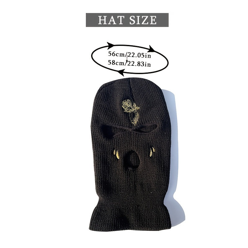 Rose Tears Embroidery Balaclava Hat Ski Mask Winter Soft Knit Warm