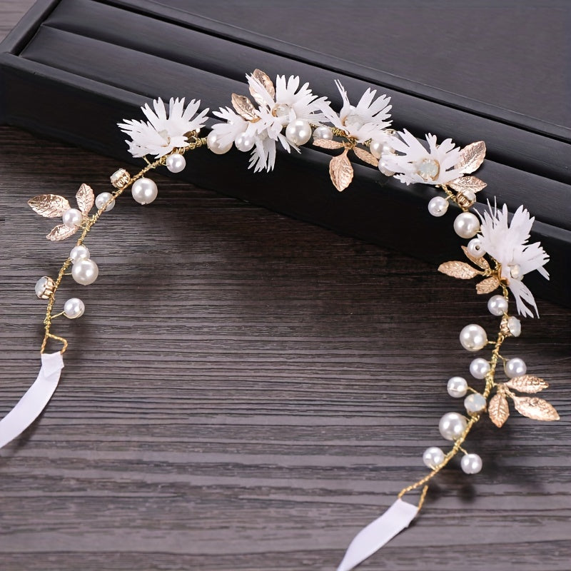 Faux Pearl Flower Leaf Headband Tiara for Women Bride Wedding Hair Accessories