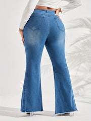 Washed Button Fly Flared Leg Jeans with Fringe Trim
