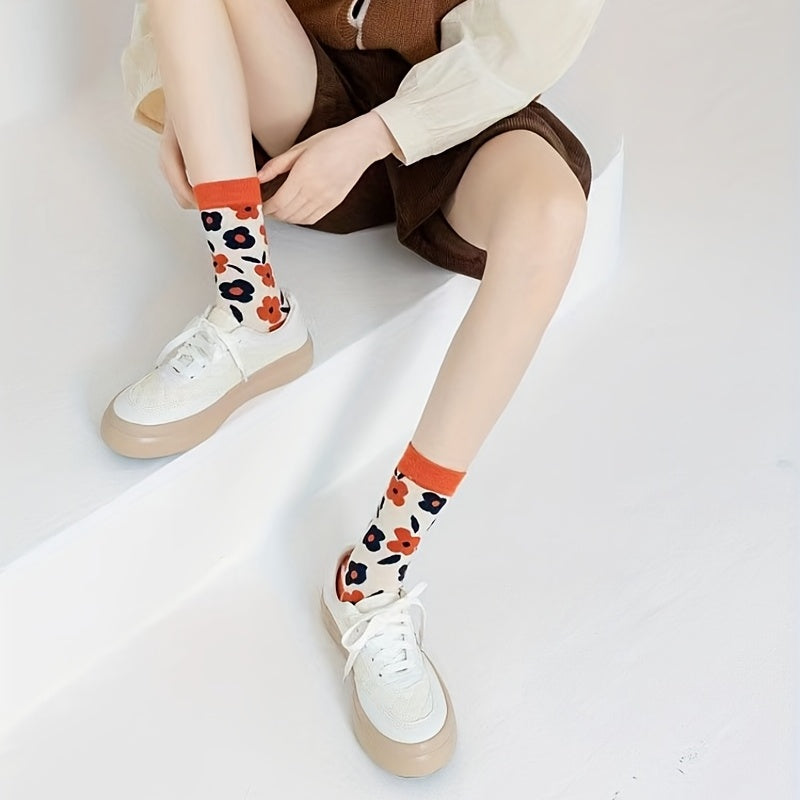 3 Pairs Floral Print Socks Breathable Mid Tube Stockings