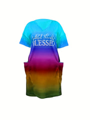 Women's Ombre & Letter Print V Neck Dress With Pockets