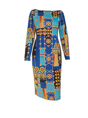 Backless Abstract Print Dress Sexy Long Sleeve Bodycon Midi Dress