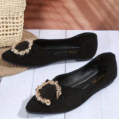 Metallic Buckle Flats Pointed Toe Soft Sole Suede Shoes