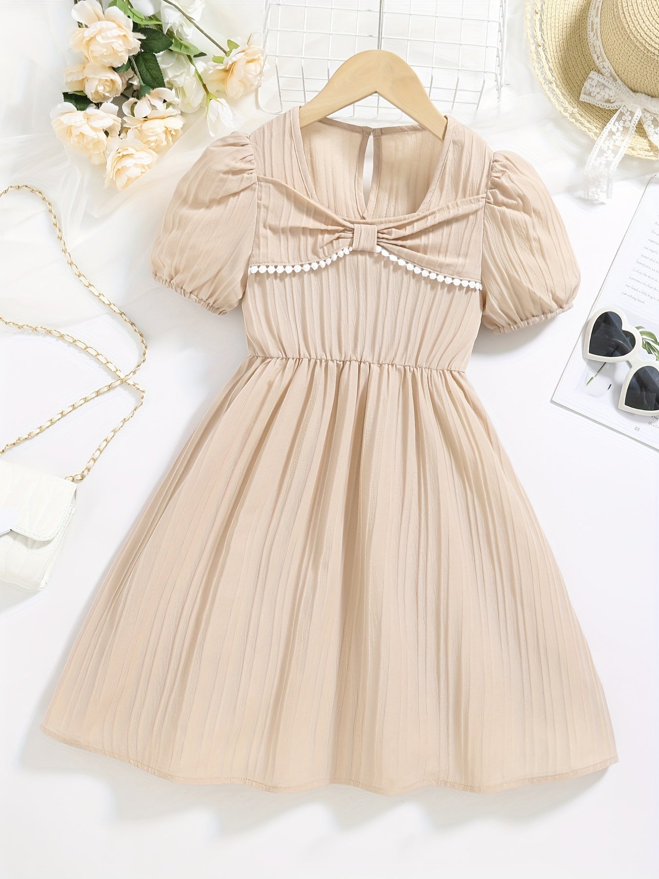 Kids Puffed Sleeve Square Neck Dress With Bow - Summer Princess