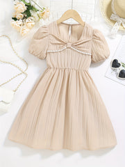 Kids Puffed Sleeve Square Neck Dress With Bow - Summer Princess