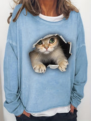 Cat Print Crew Neck Sweatshirt Casual Long Sleeve Sweatshirt For Spring & Fall