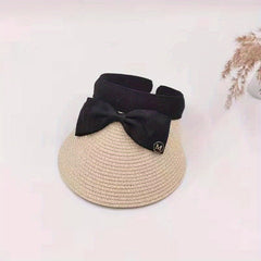 Bow Decor Sun Visor Hat Casual UV Protection Foldable Straw Sun Hat