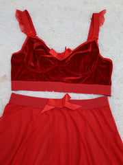 Velvet Ruffle Trim Christmas Lingerie Set