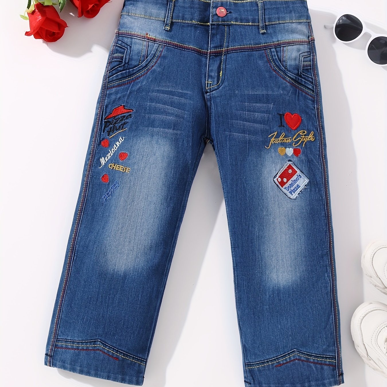 Girls' Tiny Hearts Embroidered Cropped Jeans Capris