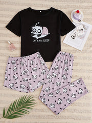 Cartoon Panda Print Pajama Set Short Sleeve Crew Neck Top & Shorts
