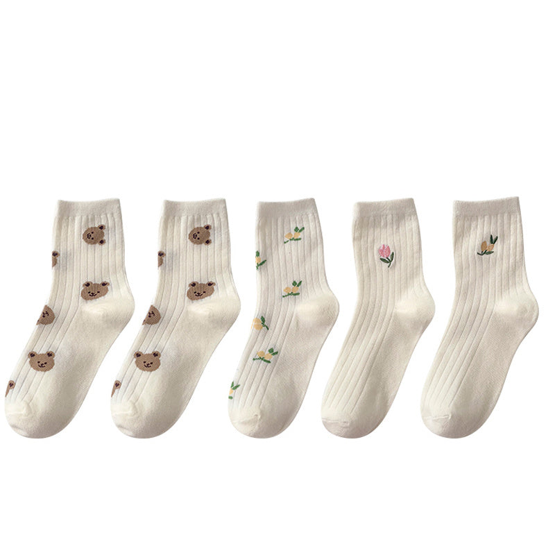 5 Pairs Floral & Bear Print Socks Comfy & All match Women's Stockings