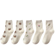 5 Pairs Floral & Bear Print Socks Comfy & All match Women's Stockings