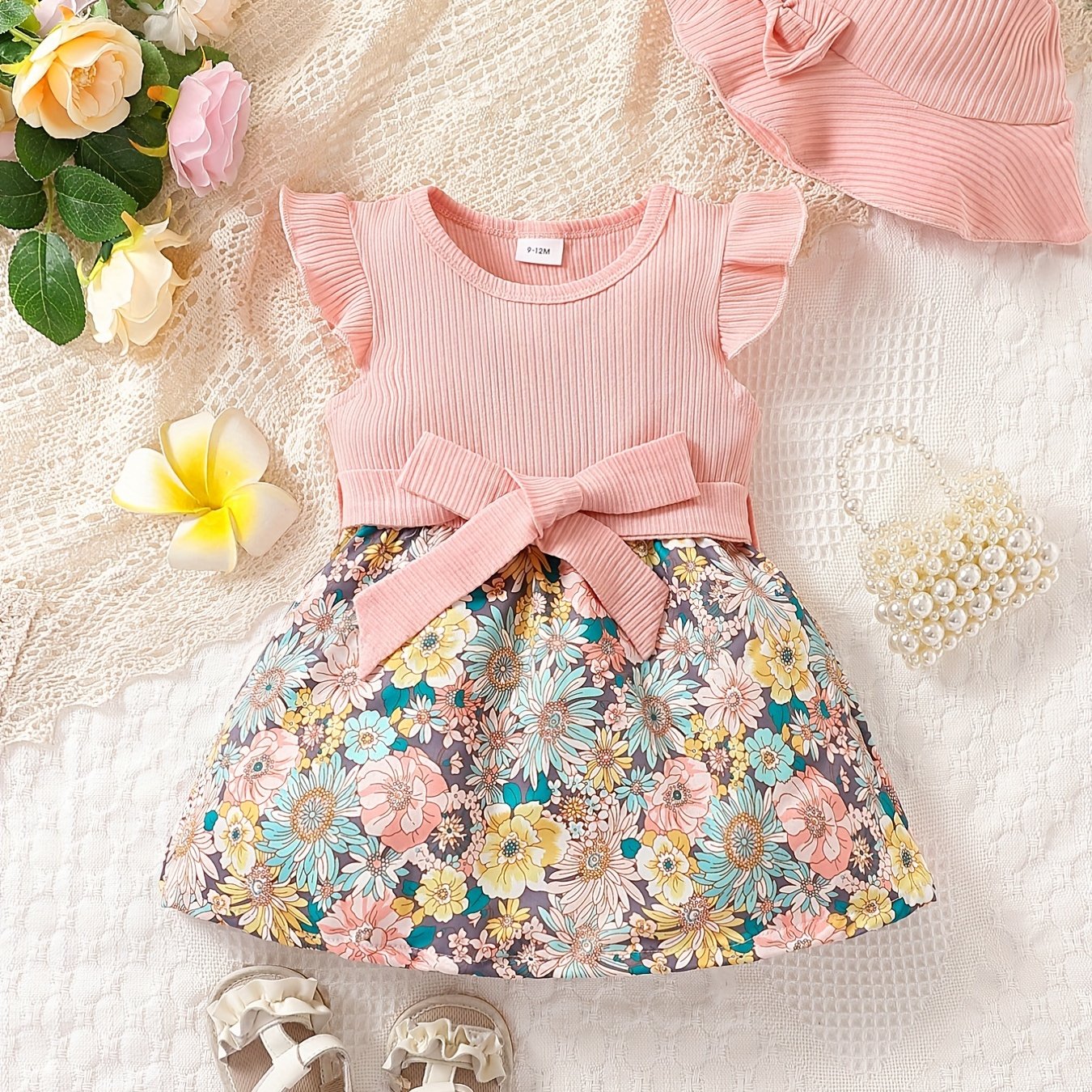 Baby Girls Floral Stitching Dress With Hat Belt 3pcs Set