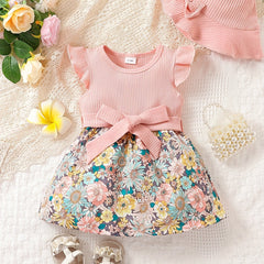 Baby Girls Floral Stitching Dress With Hat Belt 3pcs Set