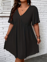 Casual Dress Solid V Neck Short Sleeve Ruched Dress
