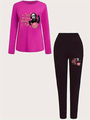 Halloween 2 Piece Set Slogan & Skull Print Long Sleeve