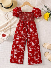 Toddler Girls Puff Sleeve Flower Graphic Rompers Jumpsuits for Beach Vacation