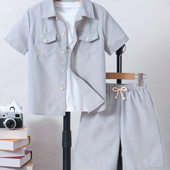 Boy's 2pcs Shirt & Drawstring Shorts Set Solid Casual Outfits Kids Clothes