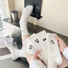 5 Pairs Expression Print Socks Comfy & Breathable Mid Tube Socks