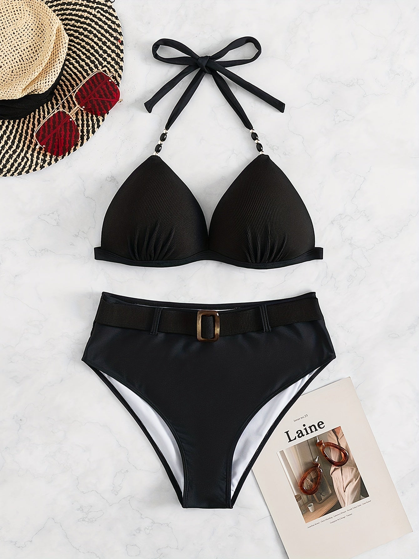 Beaded Molded Cup Halter Bikini Set