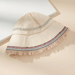 Boho Beige Cotton Bucket Hat Tassel Decor Basin Hat