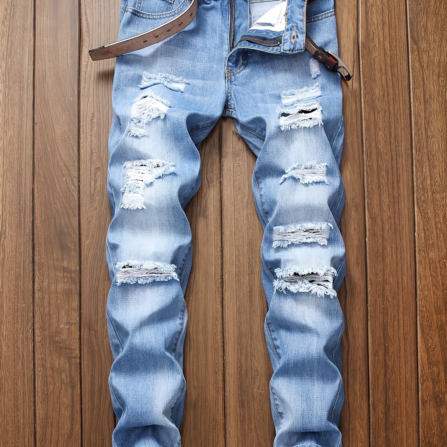 Men's Slim Fit Ripped Jeans Straight Leg Denim Pants