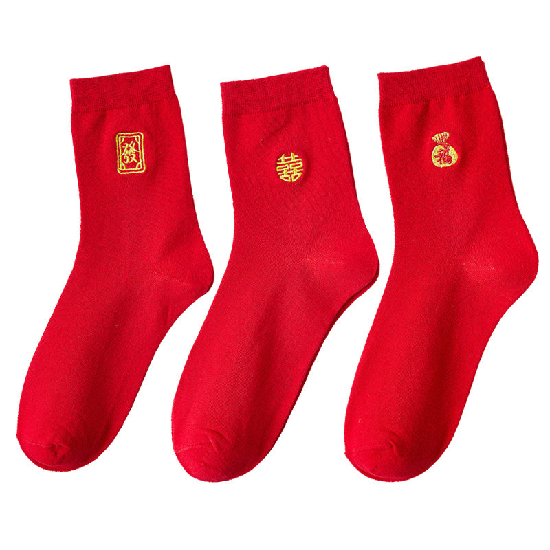 3 Pairs Rabbit Year Red Socks Women's Mid Tube Stockings