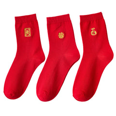 3 Pairs Rabbit Year Red Socks Women's Mid Tube Stockings