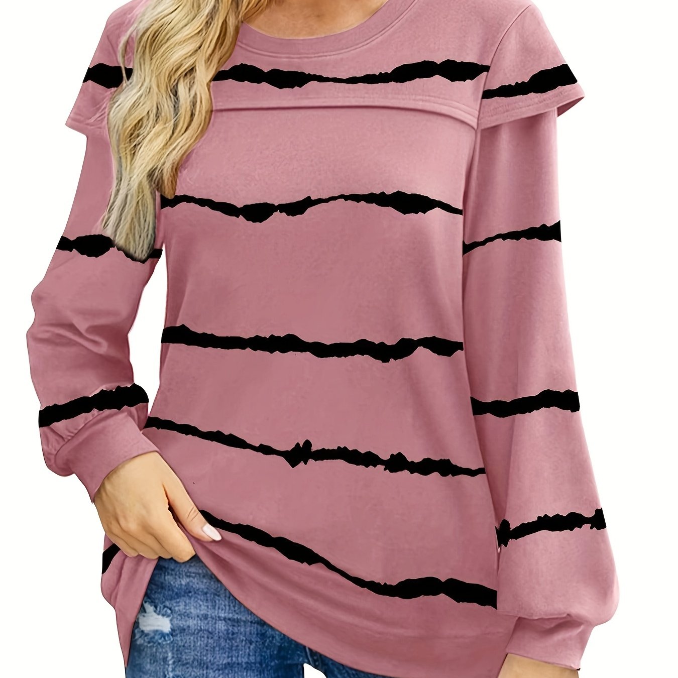 Striped Print Crew Neck Sweatshirt for Women