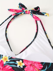 Boho Tankini Set Tropical Print Lace Up Halter Top & Panty Swimsuit