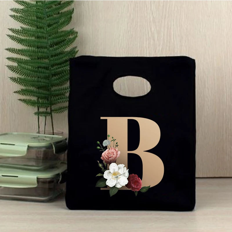 Initial Letter Print Cooler Lunch Bag Insulated Bento Box Tot