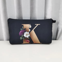Initials Flower Cosmetic Bag A-Z Letter Makeup Bags Women Travel