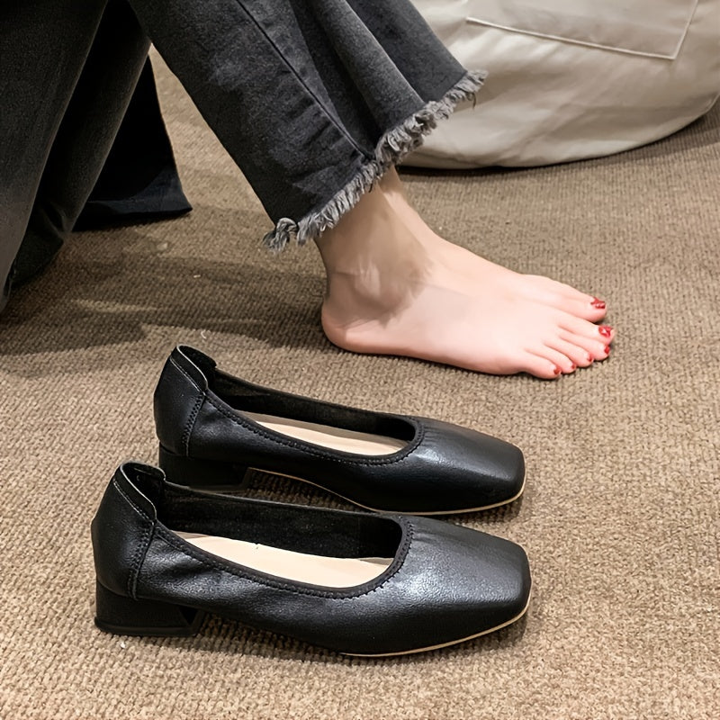 Women's Square Toe Chunky Low Heels Slip On Comfortable Walking Shoes