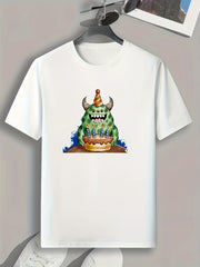 Birthday Cartoon Monster Pattern Print Men's Comfy Sports T shirt Graphic Tee