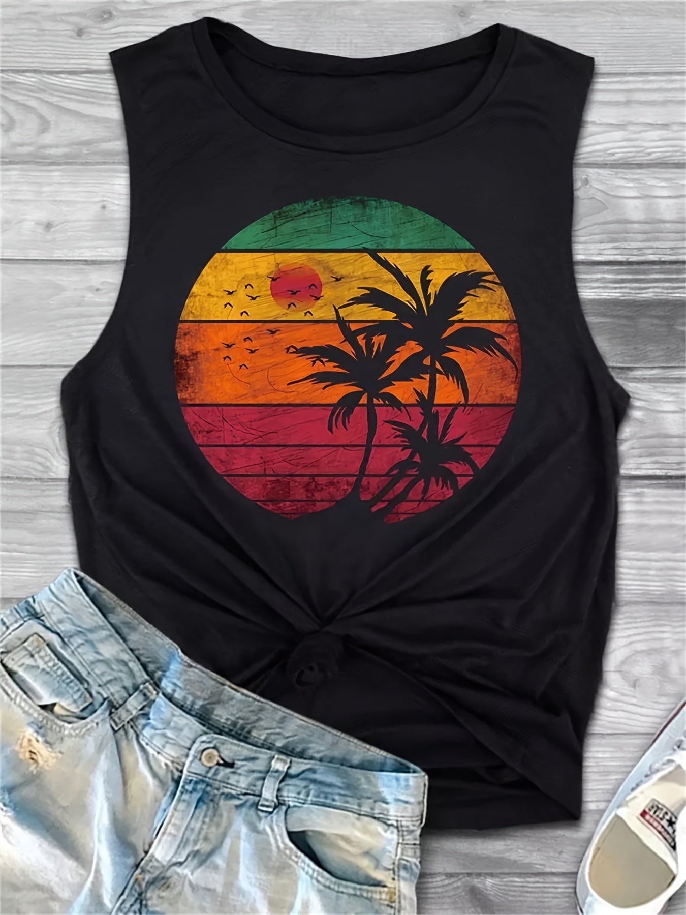 Sunset & Coconut Print Crew Neck Camisole Tank Top