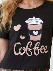 Coffee Print Pajamas Set Short Sleeve Tee Top And Pants Pj Set