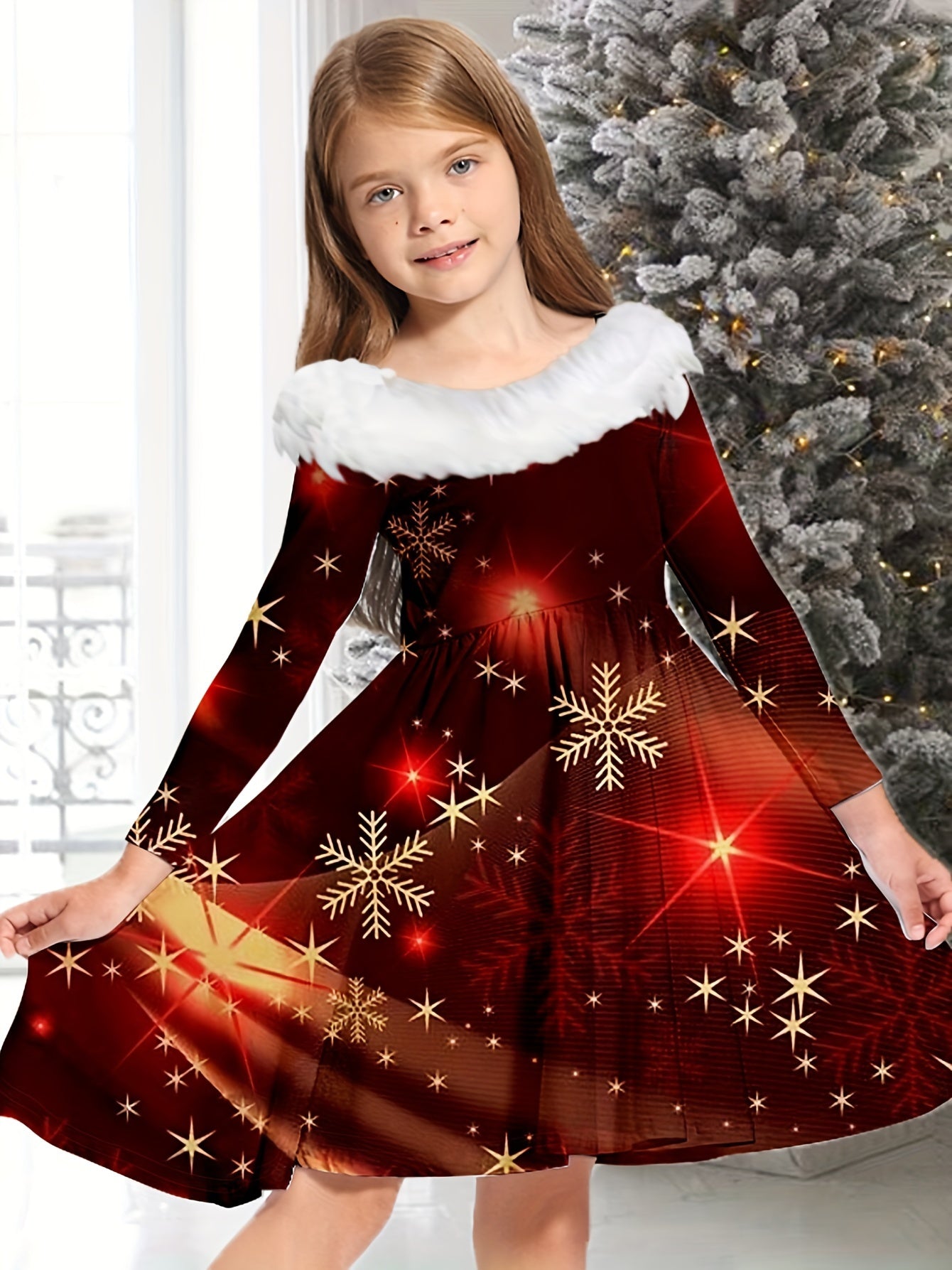 Snowflake & Fire Work Plush Collar Dress for Christmas