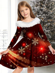 Snowflake & Fire Work Plush Collar Dress for Christmas