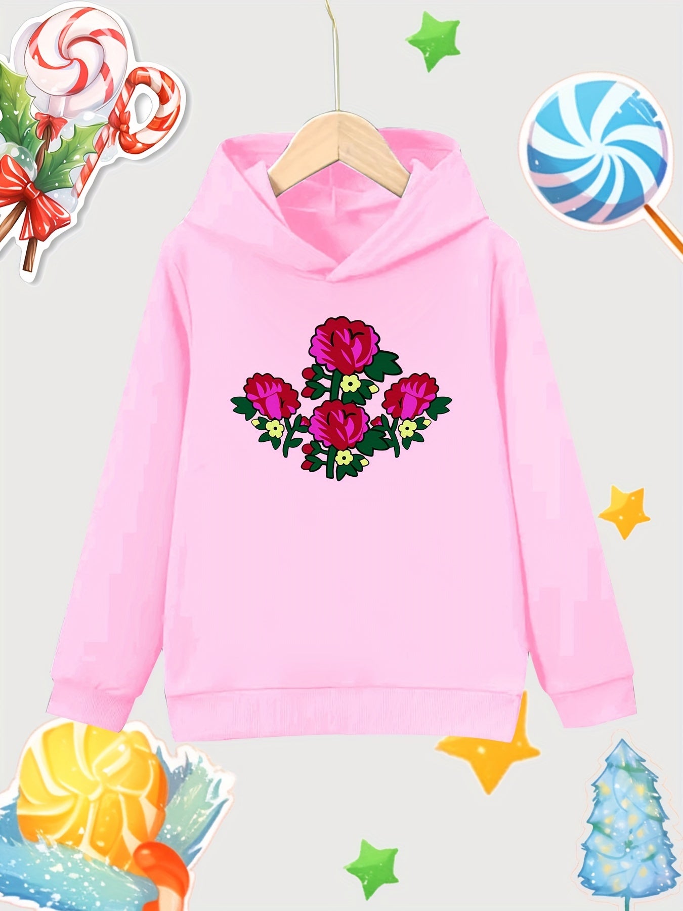 Girl's Cartoon Flowers Cotton Hoodie Sweatshirt for Outdoor