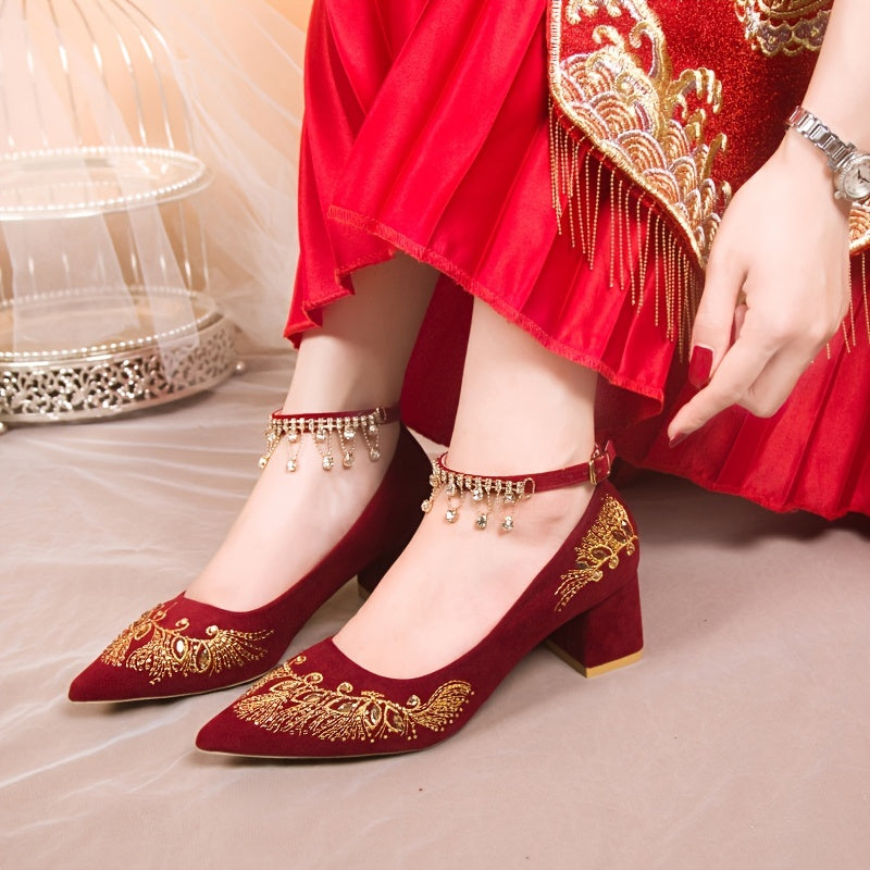 Embroidered Wedding Shoes Chunky Heel Tassel Ankle Strap Dress Shoes