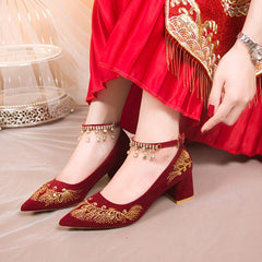 Embroidered Wedding Shoes Chunky Heel Tassel Ankle Strap Dress Shoes