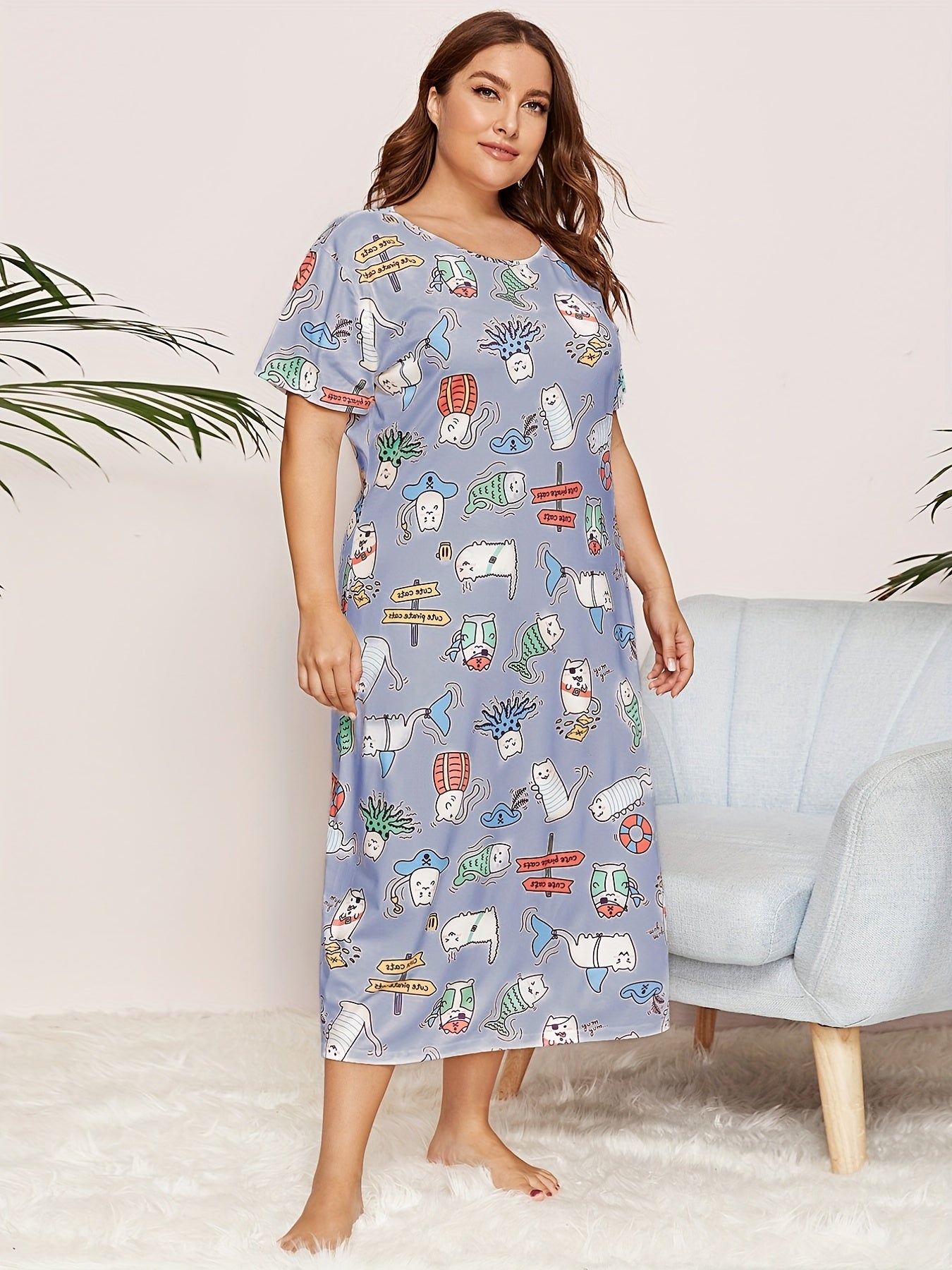 Casual Nightdress Women's Plus Funny Cats Print Short Sleeve