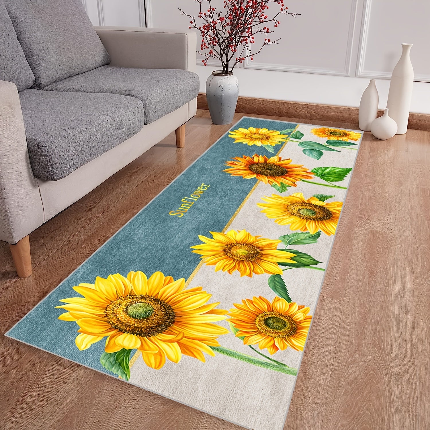 Sunflower Pattern Area Rug Non-Slip Long Carpet for Home Decor