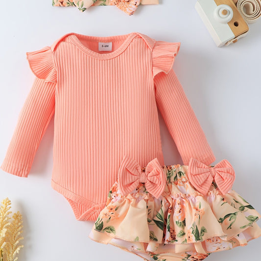 3pcs Newborn Long Sleeve Romper Ruffles Bodysuit & Shorts Set