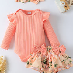 3pcs Newborn Long Sleeve Romper Ruffles Bodysuit & Shorts Set