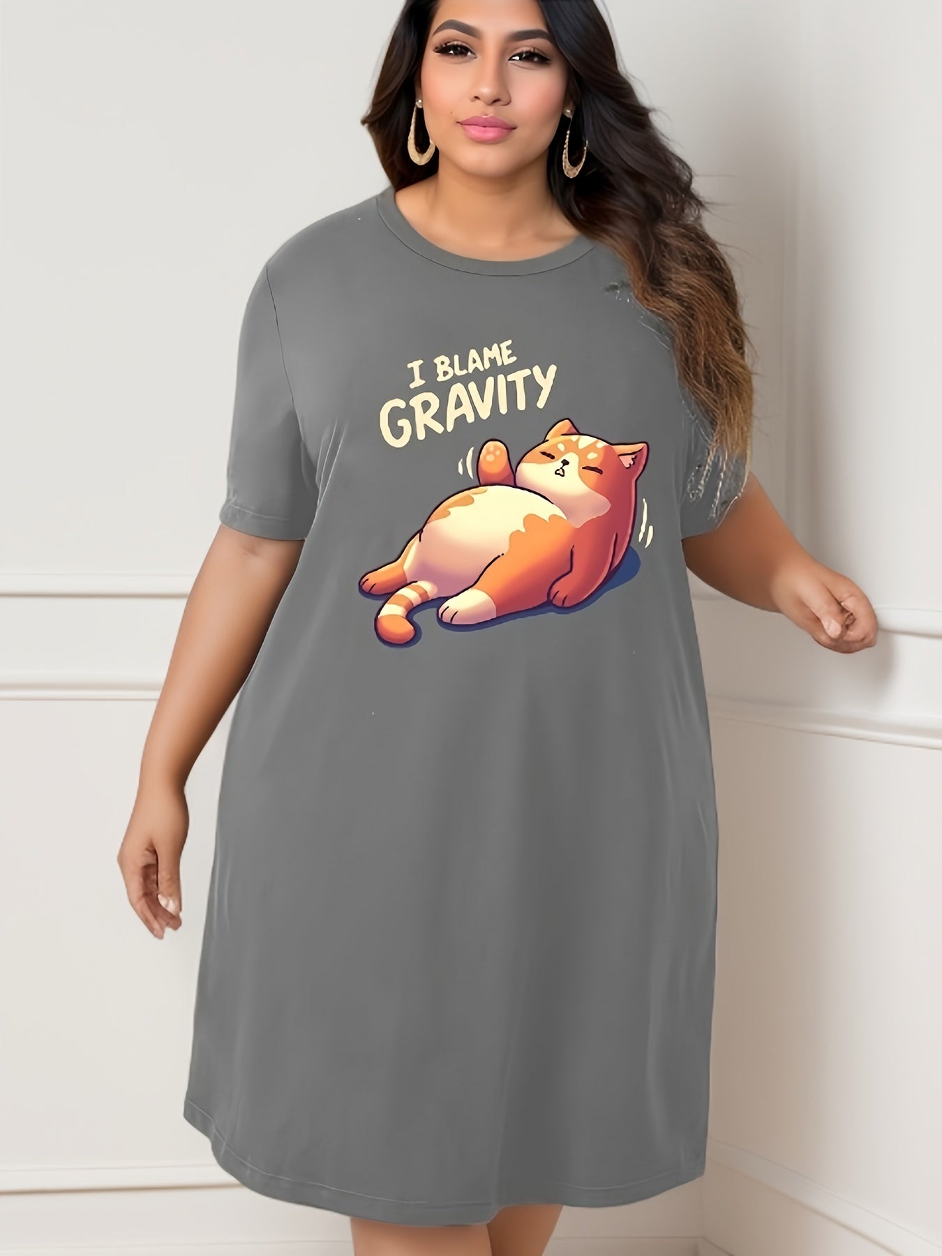 Cat Print Short Sleeve Tee Sleep Dress