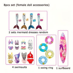 8pcs Doll Swimsuit Set Mermaid Skirts Surfboard Swim for 11.5in Dolls