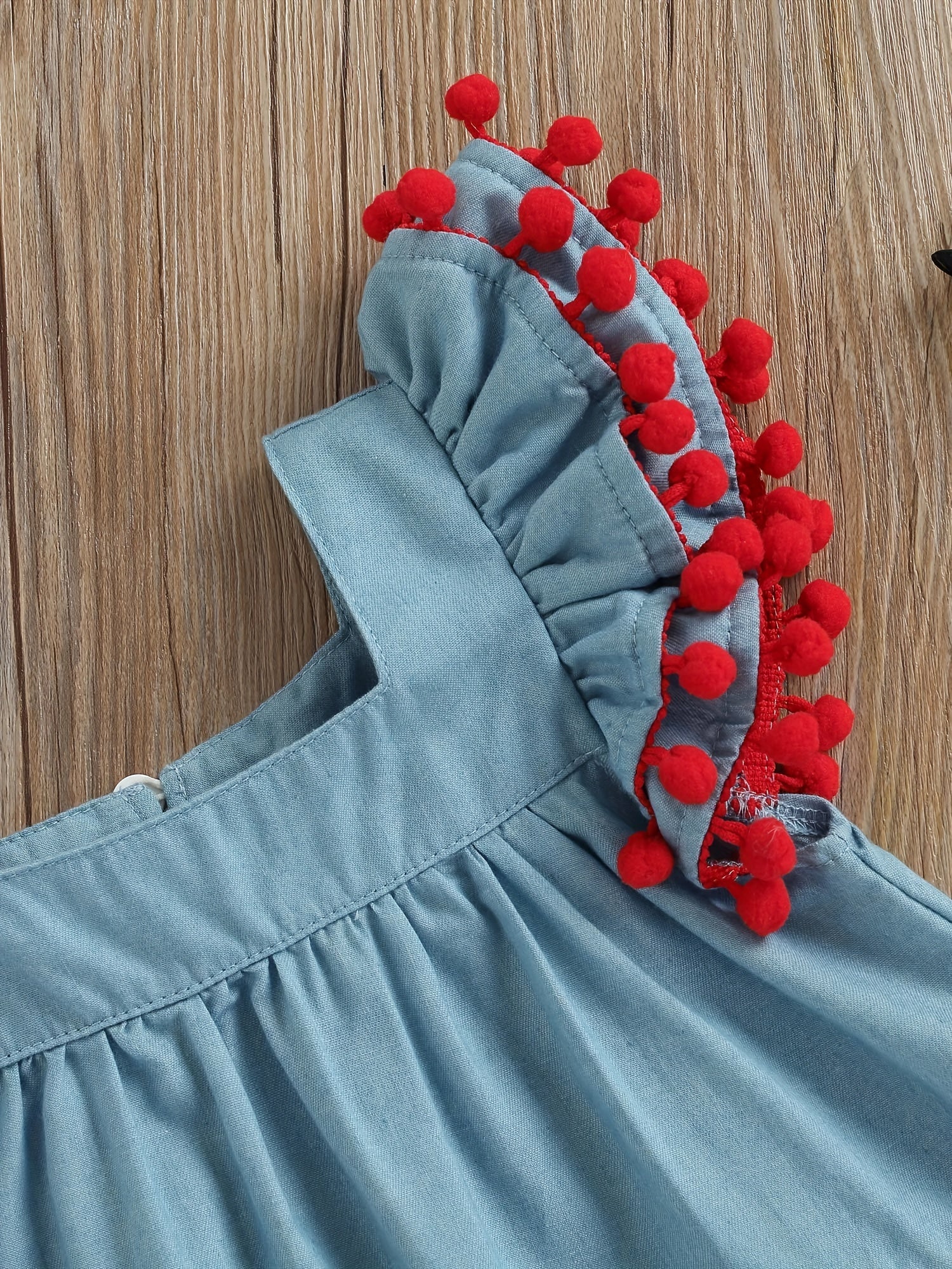 Baby Girls Cartoon Denim Dress with Pompom Trim